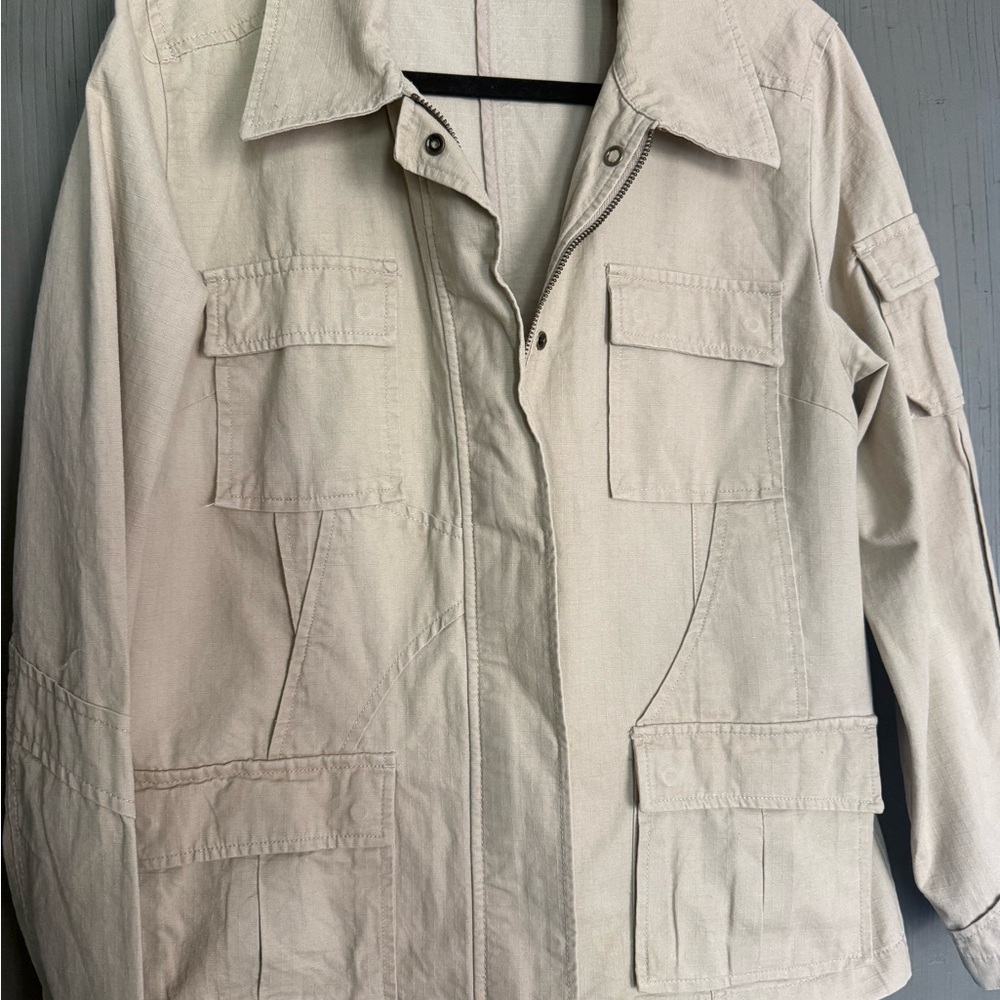 i.e. relaxed tan Casual jacket Khaki women’s 100% cotton large L EUC utility
